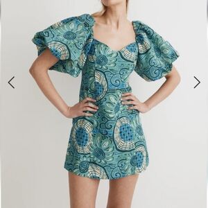 NWT-House of Harlow 1960 Blue Green Floral Puff-sleeve Mini Dress